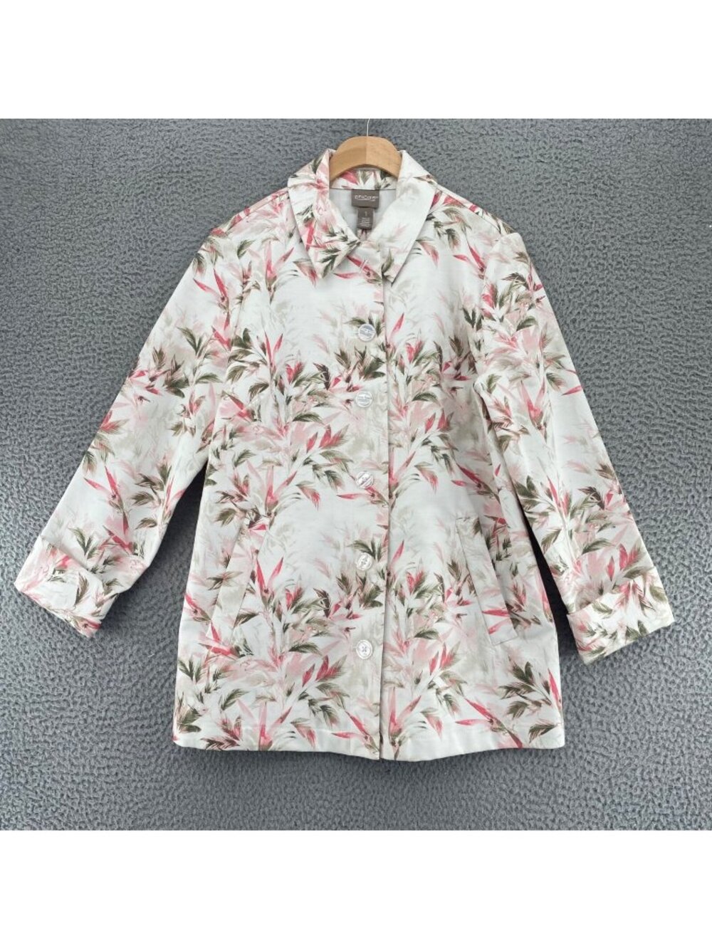 Chicos Jacket Womens 1 US Small Summer Grove Ivory Pink Floral Button Up Collar